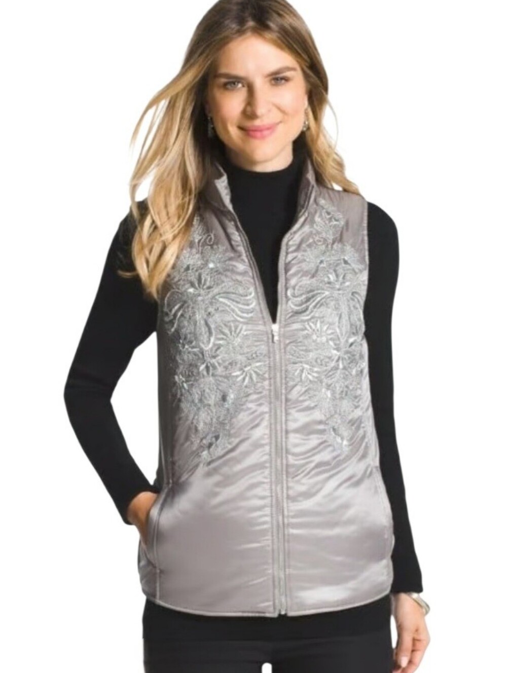 Chico's Silver Gray Embellished Zip Satin Puffy Vest M - Picture 2 of 9